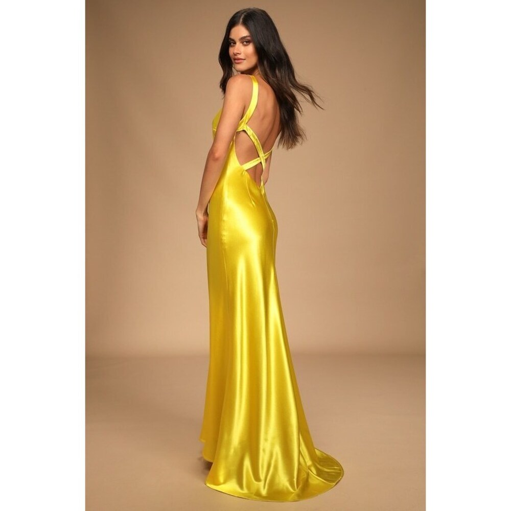 Lulus Perfectly Classy Yellow Satin Strappy Maxi Dress - Size S